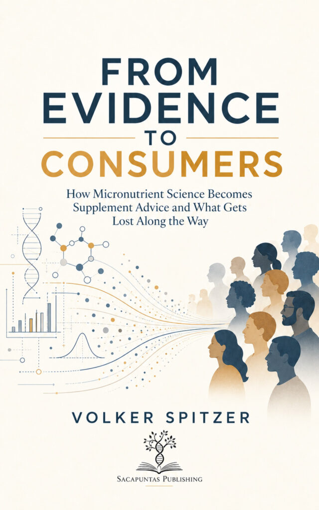 From Evidence to Consumers by Volker Spitzer, Sacapuntas Publishing. Scientific diagrams connect with human profiles.